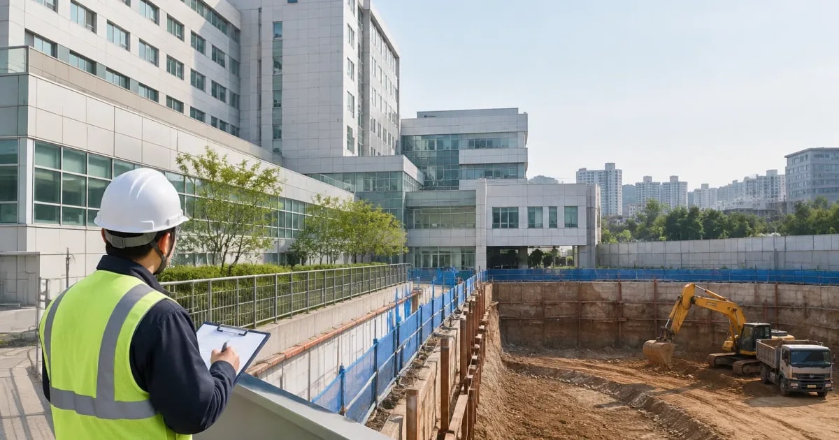 종합병원 인접 건축물 공사 진행 시 필요한 주변 굴착 공사 착수 시점과 계측 주기
